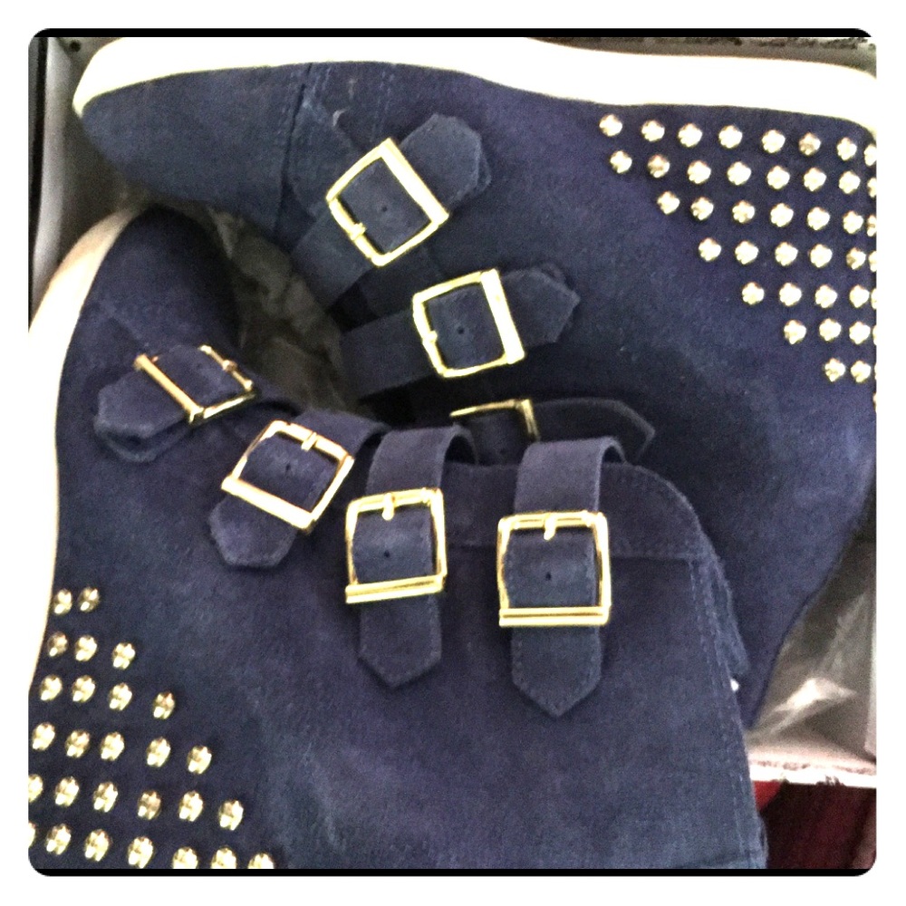 Gabriella Blue suede Gold stud Wedge Sneaker sz 10